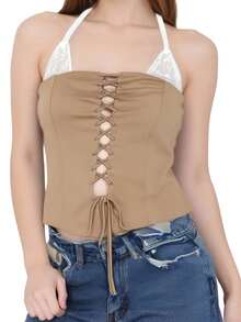 Chaleco de verano para mujer, sin mangas, con cuello halter, espalda abierta, cruzado y vendaje - Caqui - Ver 2