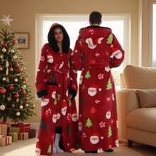 Albornoces de Navidad con cuello vuelto y estampado para parejas, nueva ropa de dormir de otoño/invierno, bata de felpa de manga larga y cálida para hombres y mujeres, pijamas suaves y esponjosos, set de regalo de Navidad