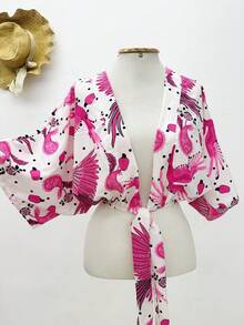 KISTYLE Crepe Blouse With Batwing Sleeves And Tie - Hot Pink - View 1