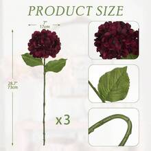 3Pcs Burgundy Hydrangea Artificial Flowers 28. Real Large Faux Silk Red Hydrangeas Flowers With Stems Flower Home Wedding Floral Arrangement Centerpiece Table Vase Fall Decor - 酒紅色 - 查看 3