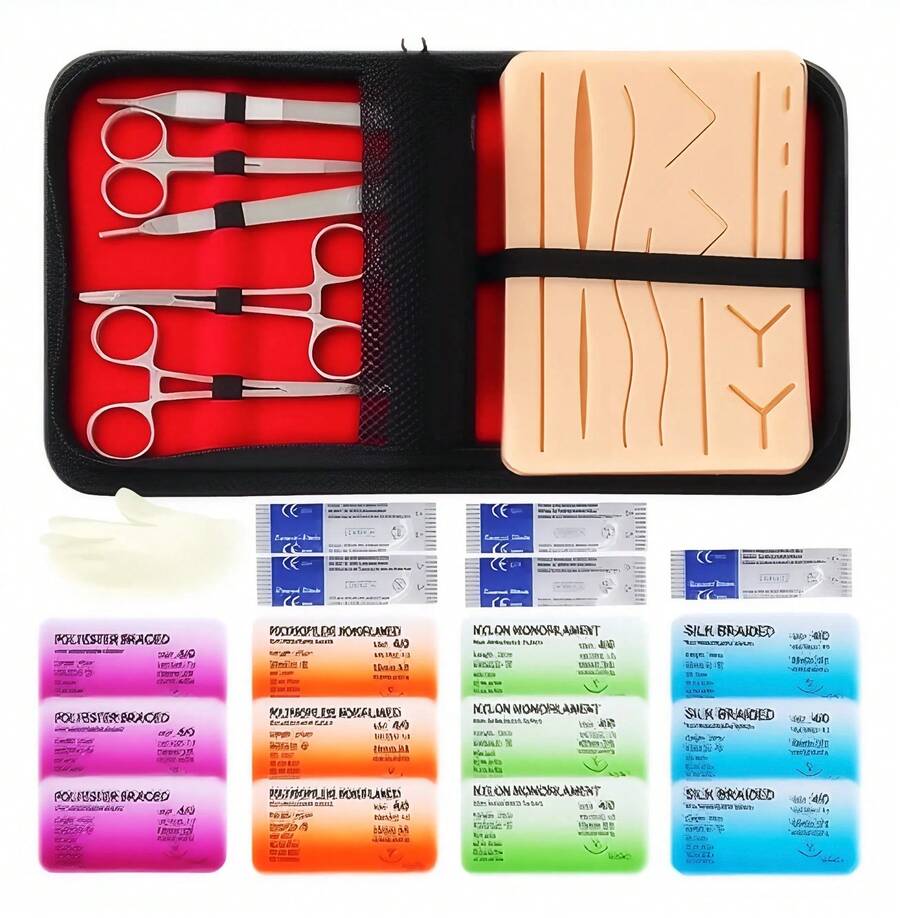 Kit de formación quirúrgica para estudiantes de medicina, kit de instrumentos de sutura quirúrgica, tira de piel sintética de silicona, agujas de sutura e hilo de sutura. - Rojo - Ver 1