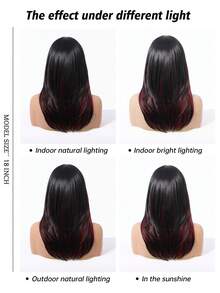 16英寸长直发假发，带刘海，酒红色，女士合成假发，适合女孩日常和派对佩戴，黑色耐热长卷发 - 挑染紅色 - 查看 7
