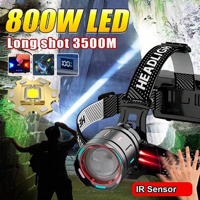 800W High-Power LED Headlight USB Rechargeable Remote Flashlight Ultra-Bright Long-Distance Tactical Light Infrared Sensor Fluorescent Flashlight Suit