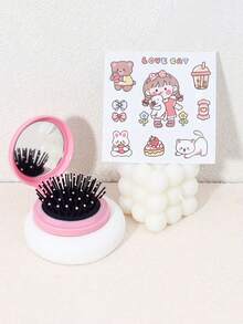 2 piezas Cepillo de pelo plegable mini lindo con espejo y pegatinas DIY - Peine de pelo de viaje portátil, diseño compacto con tapa abatible, cerdas suaves para cabello normal, regalo para niñas (rosa, azul, amarillo, negro)