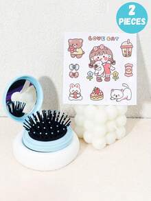 2 piezas Cepillo de pelo plegable mini lindo con espejo y pegatinas DIY - Peine de pelo de viaje portátil, diseño compacto con tapa abatible, cerdas suaves para cabello normal, regalo para niñas (rosa, azul, amarillo, negro)