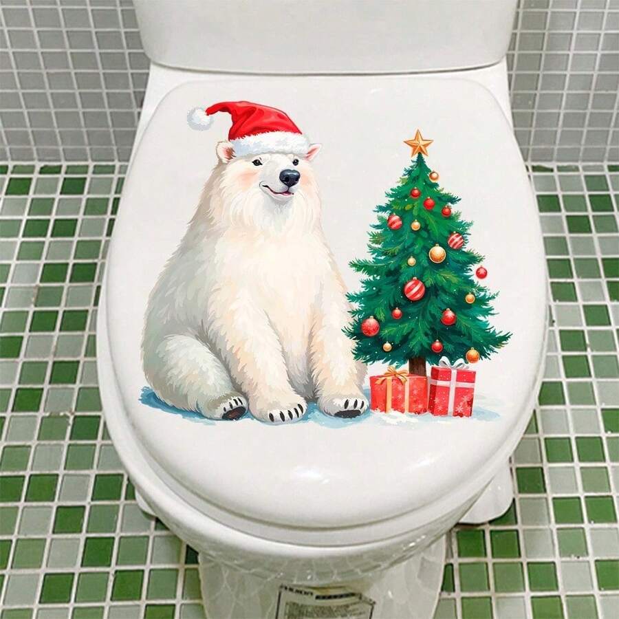 ملصق مقعد المرحاض بطبعة الدب القطبي الجديد للعيد المجيد، ملصق لاصق لغطاء المرحاض لديكور حائط الحمام، ملصقات ديكور الحائط، ديكورات منزلية للعيد المجيد