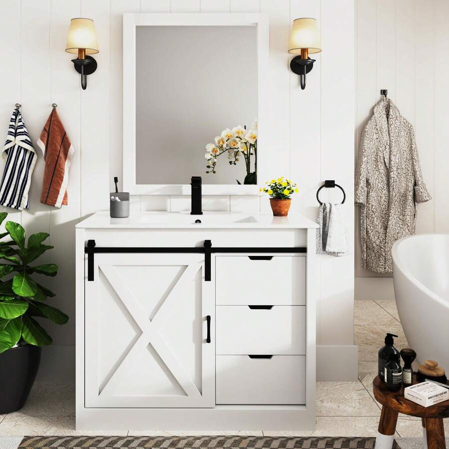 24/36/47 Inch Bathroom Vanity With Sink & Faucet & Mirror, Farmhouse Bathroom Vanity Cabinet Set With Sliding Barn Door & Drawers, Small Single Bath Storage Vanity Sink - 白色 - 查看 1