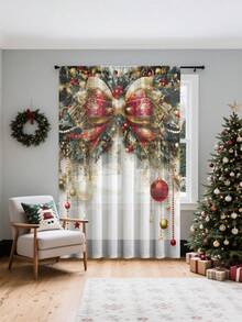 1pc Christmas Ball & Element Pattern Premium Decorative Curtain Rod Pocket Sheer Curtain, All Season Use For Outdoor, Gazebo, Bedroom, Kitchen, Office, Study, Living Room - Semi-Sheer (100g Fabric Weight) Home Decor Christmas Decorations Room Decor Christmas Decorations Home