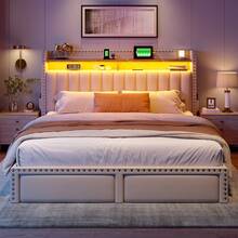 Full/Queen/King Size Bed Frame With 2 Storage Drawers Upholstered Platform Bed Frame With LED Lights, Charging Station And Headboard, Beige - 米色 - 查看 7