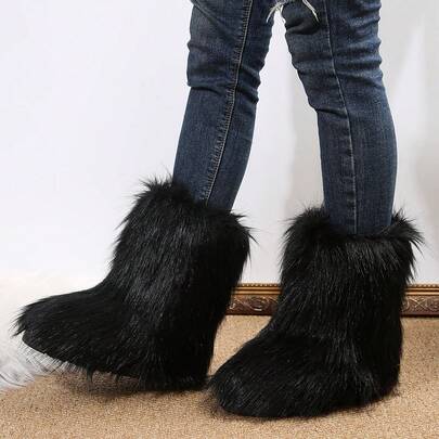 Women's Autumn/Winter New Modern Faux Fur Boots, Thick Sole Warm Fluffy Furry Black Snow Boots, Thermal Lining Warm Non-Slip One-Push Rubber Flat Outdoor Mid-Calf Boots