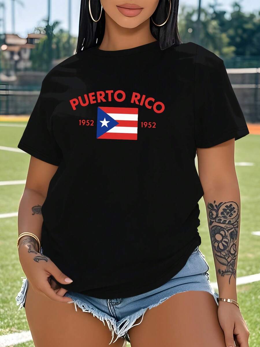 Puerto Rico Flag Women's Plus Size Tee, 1952 Anniversary Graphic, Sports Casual Style, Short-Sleeve Regular Fit Daily Wear - màu đen - Xem 1