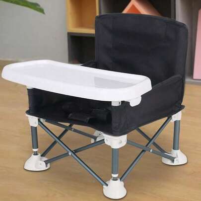 Baby Folding Chair Portable Feeding Chair With Removable Tray 4 Oversized Feet Picnic Travel Black