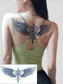 1 Waterproof And Non Reflective Wing Tattoo Sticker, Semi Permanent Plant-Based Temporary Tattoo, Cool Flying Wing, Flower, Chain Pattern, Easy To Play, Suitable For Women's Back And Chest Use, Lasting 7-14 Days, Essential For Party Music Festivals - Blue - View 8