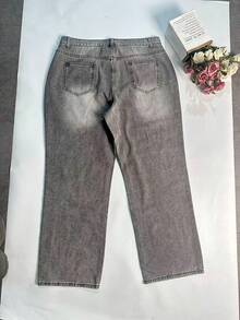 Jeans de talla grande para mujer de cintura media, jeans de mezclilla lavados, vintage desgastados sin estiramiento, casuales para primavera - Gris Claro - Ver 7