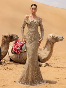 Faeriesty Glamour Luxe Mermaid Evening Gown With Sequin & Bead Embellishments, Open Shoulder Design & Floral Shoulder Accents – Fish-Tail Silhouette For Weddings, Red-Carpet Events, Evening Galas & Award Ceremonies New Year Outfit - Champagne - View 7