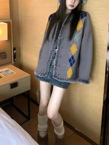 Alicedudu Chaqueta de punto con cardigan de mujer con patrón de diamantes y ribete de peluche, otoño/invierno