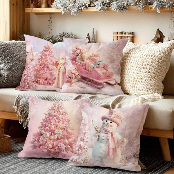 MEMNUN 4 Stücke Weihnachtliche Kissenbezüge mit festlichen Motiven, Weihnachtsmann, Geschenkboxen, Weihnachtsbäumen und Schneemännern, 45 x 45 cm, fröhliche Weihnachten Polyester Kissenbezüge für Sofa, Wohnzimmer, Schlafzimmer, Auto, Büro, Hotel, Weihnachtsgeschenke