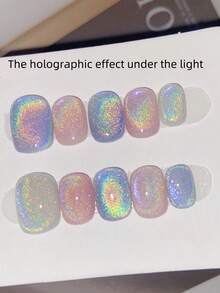 10片彩虹猫眼美甲贴纸，短款，适合日常佩戴，温柔可爱，可移除，是送给女性和女孩的绝佳礼物，美甲用品 - 彩色 - 查看 3