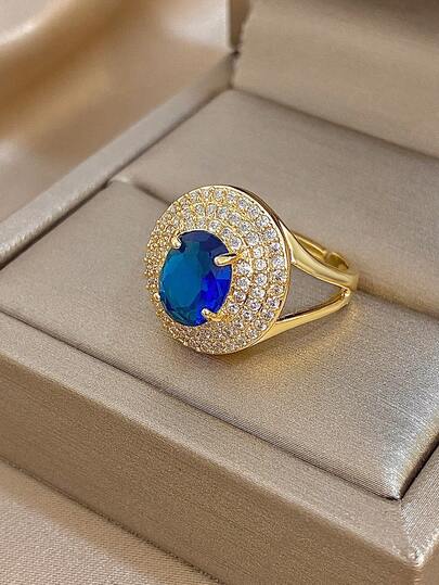 1Pc 18K Gold Plated Copper Elegant Retro Blue And Crystal Ring For Women, Mom Gift Christmas Thanksgiving Halloween Fantasy Wedding Jewelry Gift For Anniversary Valentine's Day Boho Jewelry Daily Party