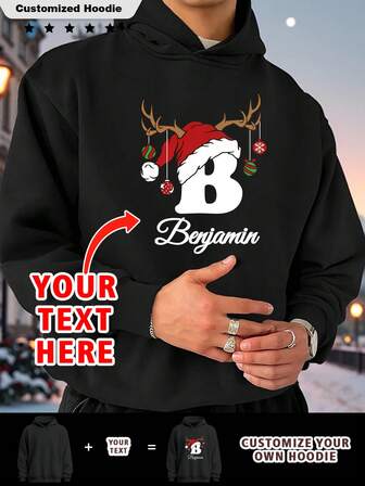 Sudadera con capucha personalizada con texto "Navidad" para hombres, personaliza tu texto, personaliza tu nombre, personaliza el texto de amor por bebé/amigo/ídolo/pareja/familia/fiesta/escuela/deportes/mascota, logotipo/negocio/uniforme de fiesta de la empresa, regalo de cumpleaños, Halloween, regalo de Navidad, regalo de fiesta, otoño, parte superior de manga larga