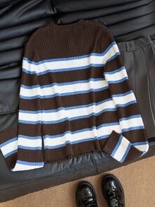 Autumn/Winter Colorblock Striped Knit Cardigan For Women, Fashion Fitted Short Sweater Jacket - Brown - View 7