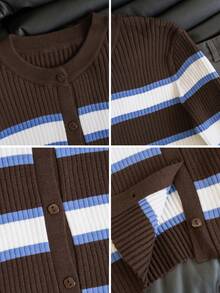 Autumn/Winter Colorblock Striped Knit Cardigan For Women, Fashion Fitted Short Sweater Jacket - Brown - View 8