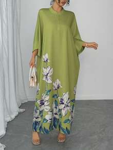 1pc Women's Loose Fit Arabic Abaya Dress, Green Placement Print, Stand Collar, Single-Breasted, Raglan Sleeve, Casual Long Dress, Elegant Arabic Robe, Luxury Holiday Evening Gown - Mint Green - View 8