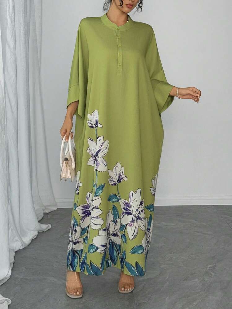 1pc Women's Loose Fit Arabic Abaya Dress, Green Placement Print, Stand Collar, Single-Breasted, Raglan Sleeve, Casual Long Dress, Elegant Arabic Robe, Luxury Holiday Evening Gown - Mint Green - View 7