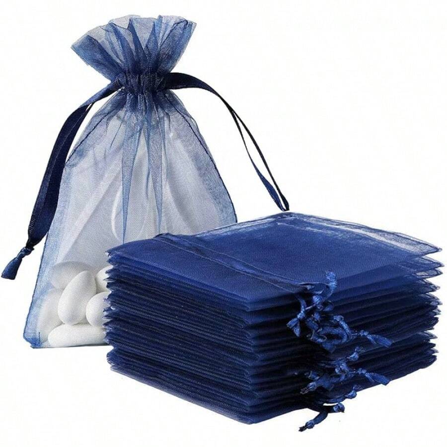 2025Organza Gifts Bags Sets Of 50 Drawstring 4x6 Inch Pink For Baby Shower,Girl Birthday,Party Favors,Wedding,Bridal Shower,Graduation,Halloween,Bulk Sheer Fabric Mesh Tie Sack For Jewelry,Candy - 藏蓝色 - 查看 1