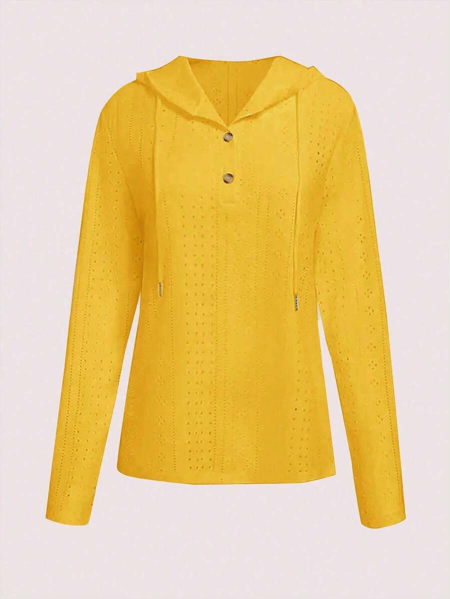 女士纯色半拉链休闲长袖镂空提花连帽衫 - 黃色 - 查看 1