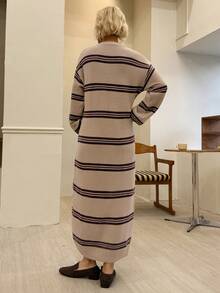 Livesso Robe pull casual à manches longues avec imprimé rayé, col rond, pour l'automne et l'hiver - Kaki - Voir 4