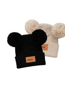 1/2/3件双绒球婴儿针织帽纯色羊毛钩针帽毛绒球儿童套头帽冬季保暖儿童无檐帽 - 彩色 - 查看 14