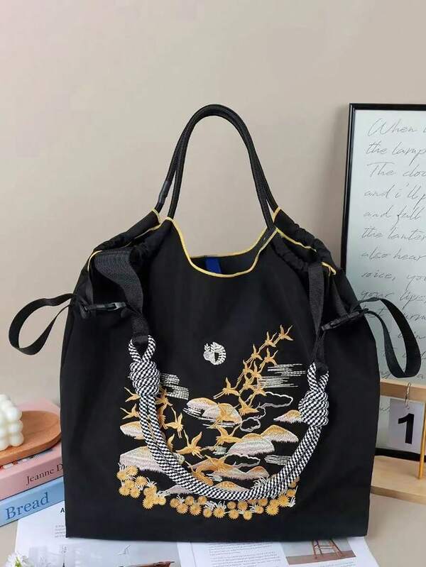 1pc New Fashion Embroidered Crane Pattern Lightweight Nylon Large Capacity Tote Bag, Adjustable Shoulder Strap, Suitable For Party, Travel, Shopping And Beach
