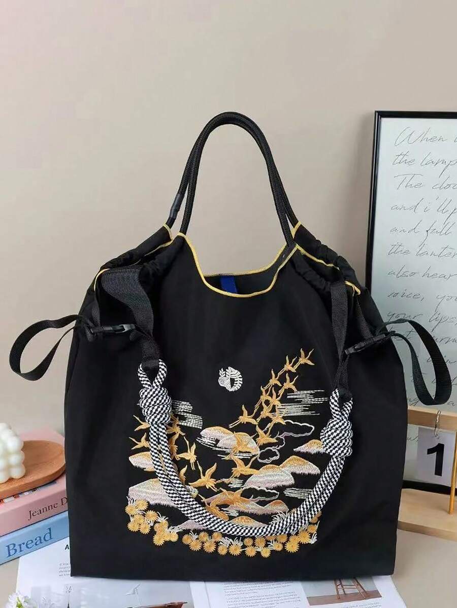 1pc New Fashion Embroidered Crane Pattern Lightweight Nylon Large Capacity Tote Bag, Adjustable Shoulder Strap, Suitable For Party, Travel, Shopping And Beach