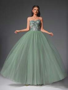 VIPGIRL New Green Strapless Sequin Contrast Mesh Elegant High-End Design Women's Formal Evening Gown - Green - View 6