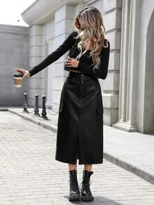 春夏音乐节中东百搭休闲时尚性感优雅女士 A 字型工装中长款 PU 裙