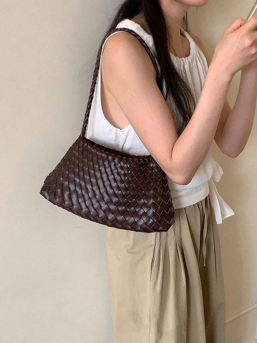手工编织包，小众高端法式度假风手提包，休闲百搭单肩/腋下包，无吊坠配饰 - 棕色 - 查看 1
