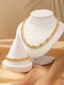 Set de collar y pulsera con cadena de metal con diamante en forma de corazón, elegante y de moda, adecuado para uso diario de mujeres y como regalo - Amarillo Oro - Ver 3
