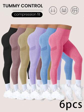 6pcs Seamless High Waist Shaping Tights, Solid Color Leggings For Women, Suitable For Running, Cycling, Yoga And Other Sports Activities