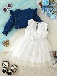 Set de 2 piezas: Chaqueta de cárdigan informal con estampado de copos de nieve y vestido de malla con lazo para niñas bebé - Multicolor - Ver 2