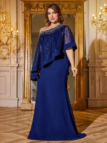 SUPGIR Plus Women's One-Shoulder Asymmetrical Cape Sleeve Handmade Bright Diamond Chiffon Slim-Fitting Evening Dress - Royal Blue - View 1