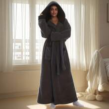 New Autumn/Winter Hooded Robe, Unisex Casual Loose Warm Fleece Bathrobe, Sleepwear, Soft Plush Long Sleeve Robe For Lounging