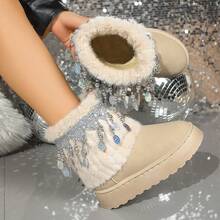 2025 Autumn/Winter New Women Snow Boots, Faux Fur Tassels Thermal Lined Furry Shoes, Grey/Black Thick Sole Short Boots, Soft Plush Rhinestone Home Slippers