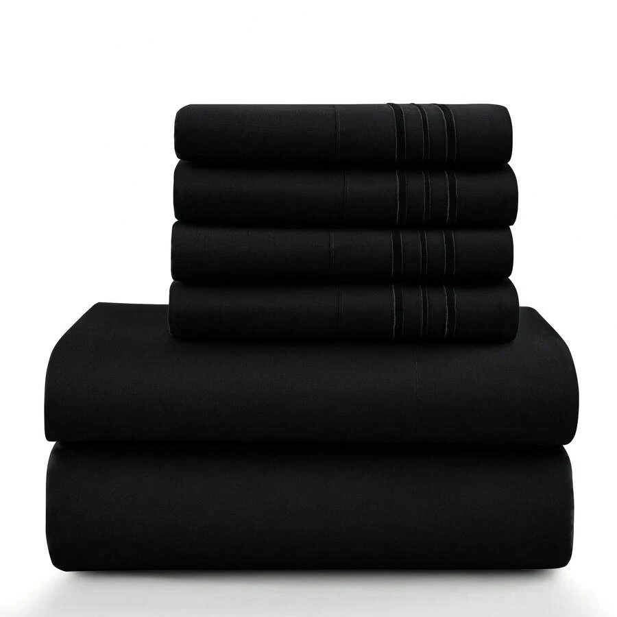 LUX DECOR 6-Piece Embroidered Bed Sheet Set – Brushed Microfiber, Deep Pocket, Lightweight & Breathable – Graduation Gifts, Home Decor, Sleep Protection For Dorms, Student Beds, Back‑To‑School Gift, Soft Bed Linens, Comfortable Sleep, Luxury Bed Set, Valentine's Day Bedroom, Spring Bedding Refresh, Guest Room Essentials, Dorm Room Bedding, Premium Bed Linens, Easy Care Sheets, Hypoallergenic Fabric, Year-Round Comfort, Master Bedroom Update, Matching Bedding Set, Hotel Quality Linens - 黑色 - 查看 1