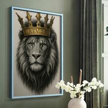 1pc Restickable Framed Lion Of Judah Art Print, Wood Frame, Biblical Inspired Regal Animal Wall Decor With Gold Crown & Scripture Accent, Spiritual Artwork For Living Room, Office, Or Prayer Room, Made In USA, Ready To Hang Art Prints - 藍色 - 查看 2