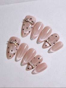 10 Stück mandelförmige, elegante, glänzende khakifarbene Katzenaugen-Handgefertigte Aufklebe-Nägel mit Punkten & Schleifen, süß und wunderschön im koreanischen & japanischen Stil, Nagelkunstdesign, wiederverwendbare Fake-Nägel, DIY-Nagelpflege für alle Jahreszeiten - Khaki - Übersicht 1