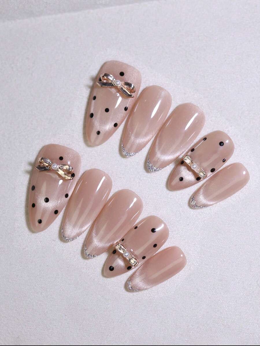 10 Stück mandelförmige, elegante, glänzende khakifarbene Katzenaugen-Handgefertigte Aufklebe-Nägel mit Punkten & Schleifen, süß und wunderschön im koreanischen & japanischen Stil, Nagelkunstdesign, wiederverwendbare Fake-Nägel, DIY-Nagelpflege für alle Jahreszeiten - Khaki - Übersicht 1