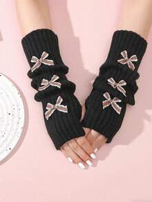 1 Pair Bow Decor Fingerless Gloves For Women, Knitted Warm Mid-Length Arm Warmers, Cute & Stylish For Autumn/Winter