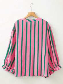 Plus Size Women Ruffle Sleeve V-Neck Random Striped Print Blouse Top, Autumn Spring - Green - View 3