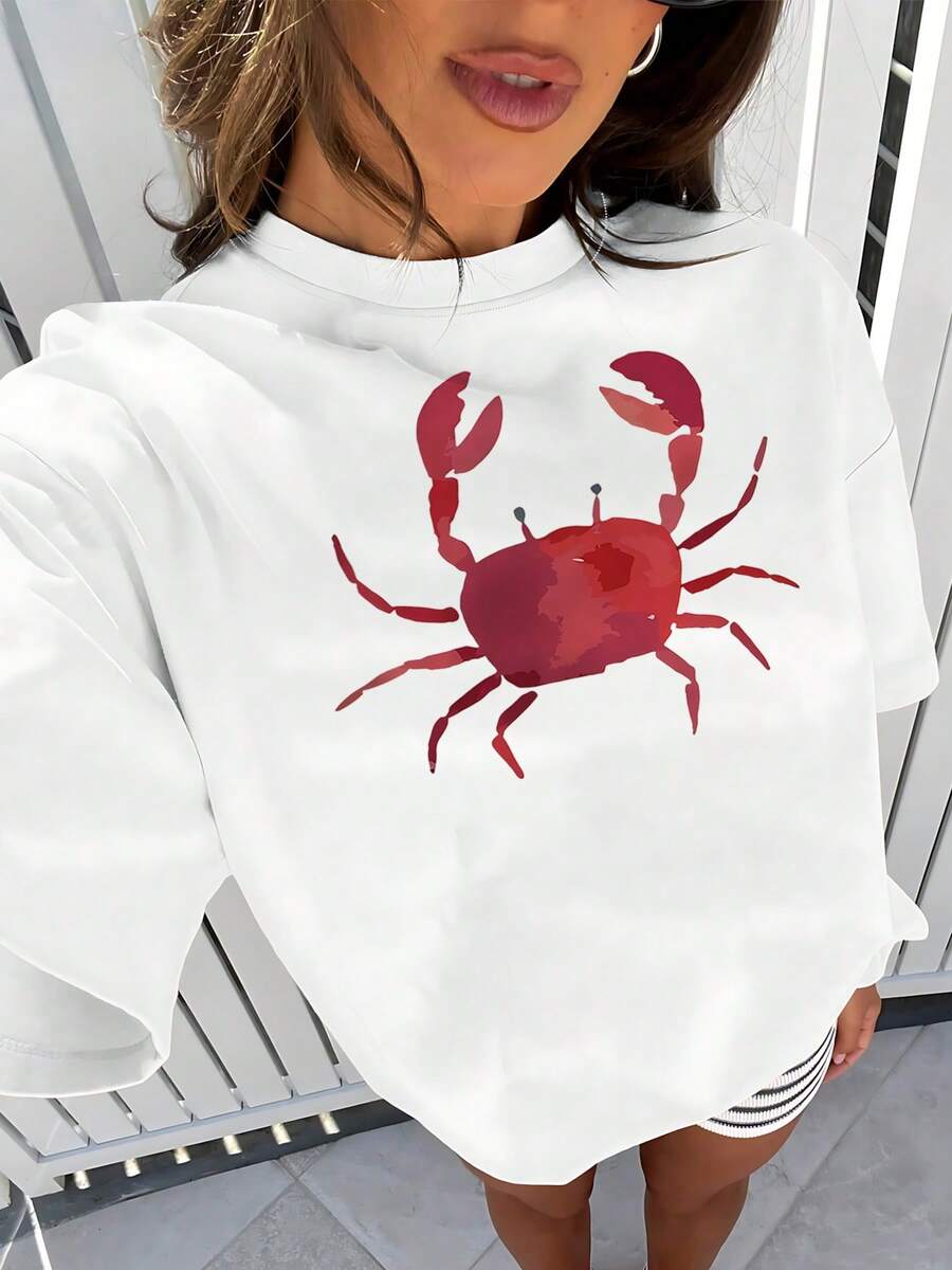 Camiseta gráfica moderna para mujer con ilustración de cangrejo divertido, cómoda camiseta de verano de mezcla de algodón, camiseta informal de manga corta con cuello redondo para un estilo diario, diseño único. - Blanco - Ver 1